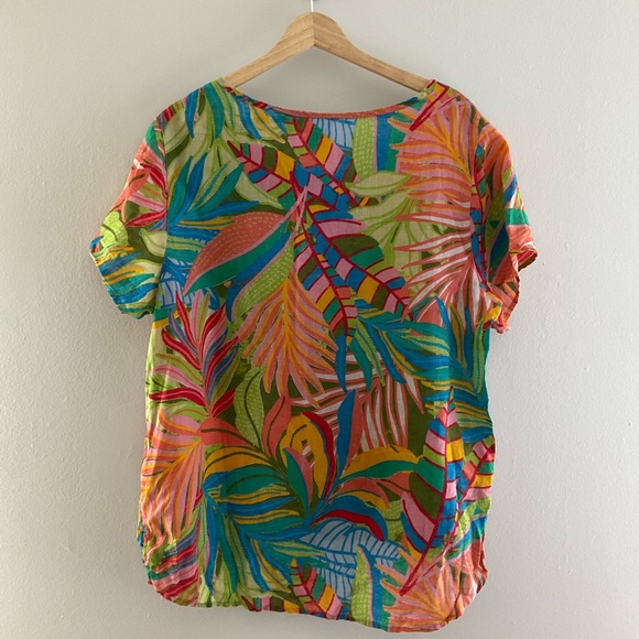 C&C California 1X Multicolor 100% Linen Tropical Foliage Print High Low Top - Picture 3 of 8